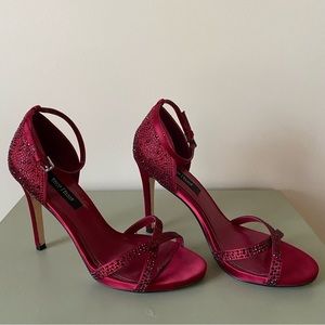 WHBM Glamorous Red Satin high heel sandal with Embellishments and Ankle straps.